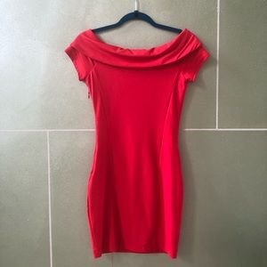 Red off the shoulder body con dress